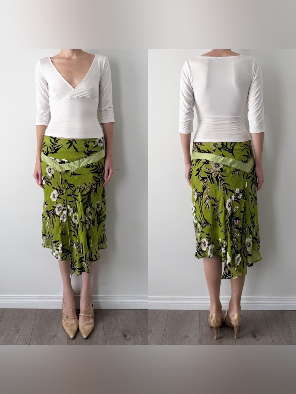 Vintage fairy green floral silk blend midi skirt